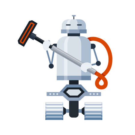 Robot cleaner on wheels holding vacuum cleaner attachment cartoon icon. Humanoid home, office helper.のイラスト素材