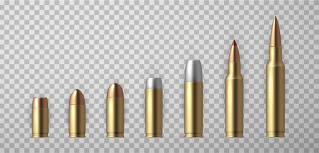 Collection of realistic bullet vector illustration. Set of weapon ammo various types and sizeのイラスト素材