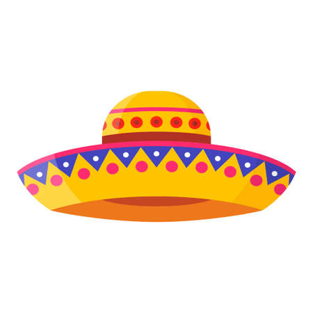 Wide-brimmed colorful sombrero vector flat illustration. Bright traditional Mexican hat isolatedのイラスト素材