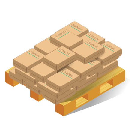 Bags of cement on wooden pallet vector flat illustration. Paper sack concrete building materialのイラスト素材