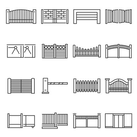 Monochrome gates and fences icon set vector illustration. Outline symbols of protection and securityのイラスト素材