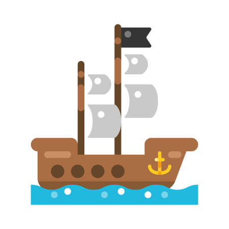Wooden pirate ship icon vector flat illustration. Traditional water transport. Piracy vesselのイラスト素材
