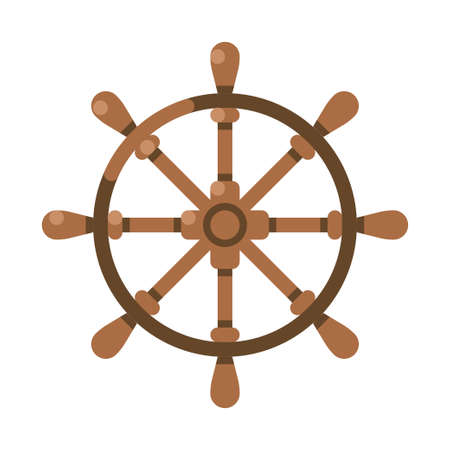 Ancient wooden ships wheel front view vector flat illustration. Equipment for vessel navigateのイラスト素材