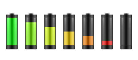 Colorful realistic battery charge level vector illustration. Various level energy alkaline batteriesのイラスト素材