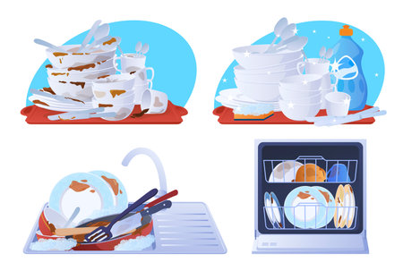 Collection dirty and clean dishes vector flat illustration. Set of dishware covered by food spotのイラスト素材