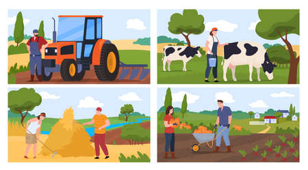 Set agricultural farmers vector flat illustration. Collection man and woman countryside lifestyleのイラスト素材