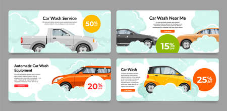 Collection car wash service internet advertising banner vector automobile cleaning landing pageのイラスト素材