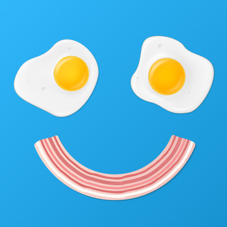 Funny childish good morning poster vector flat illustration. Traditional breakfast eggs and baconのイラスト素材