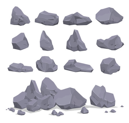 Collection of gray cartoon rock stone vector flat illustration heavy natural mineral geology graniteのイラスト素材