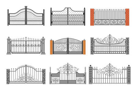 Set of ornamental forged gates vector flat illustration decorative curved metallic railingのイラスト素材