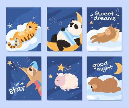 Collection greeting card cartoon sleeping animals vector flat illustration cute childish postcardのイラスト素材