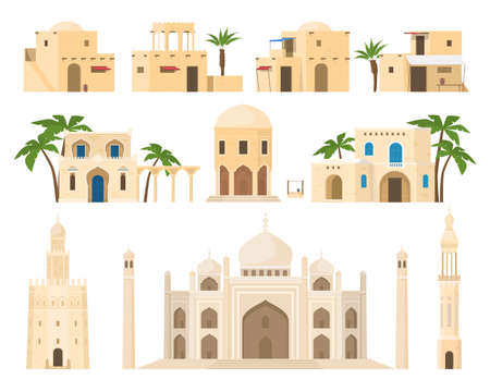 Traditional Arabic houses set vector flat illustration ethnic Islamic architecture facadesのイラスト素材