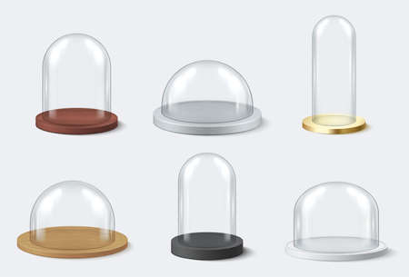 Collection realistic glass domes vector illustration. Set of vintage transparent storage containerのイラスト素材