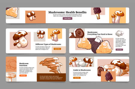Set of mushrooms guide landing page vector flat collection of helpful information internet bannerのイラスト素材
