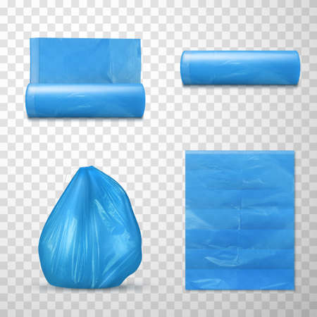 Blue plastic garbage bag set realistic vector illustration polyethylene trashbag trash and rubbishのイラスト素材