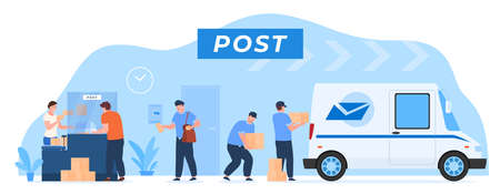Post delivery process customer service vector flat employee of postal office working as teamのイラスト素材