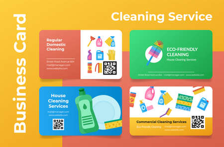 Collection of cleaning service business card template vector flat cartoon illustrationのイラスト素材