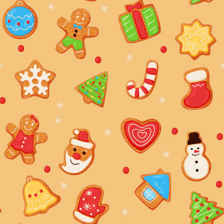 Christmas oatmeal cookies seamless pattern vector flat illustration. Ginger biscuit sweet dessertのイラスト素材