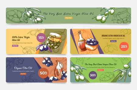 Organic extra virgin olive oil landing page set vector illustration. Promo webpage banner templateのイラスト素材