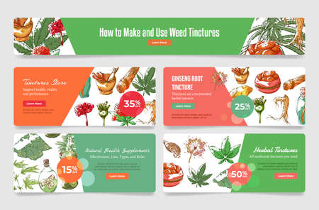 Online tinctures store landing page set vector flat illustration. Website banner design templateのイラスト素材