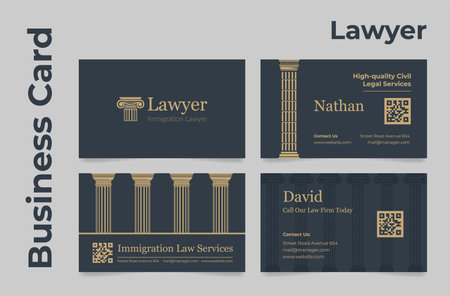 Set of lawyer business card vector flat illustration. Collection of justice legal company identityのイラスト素材