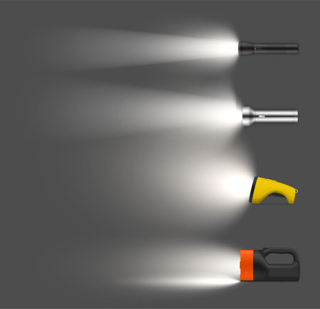 Glowing flashlights set realistic vector illustration electric handy portable lamp night searchingのイラスト素材
