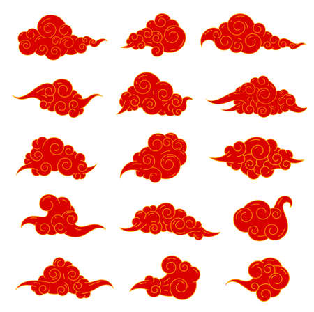 Red clouds golden contour Asian style set vector flat illustration. Traditional oriental ornamentのイラスト素材