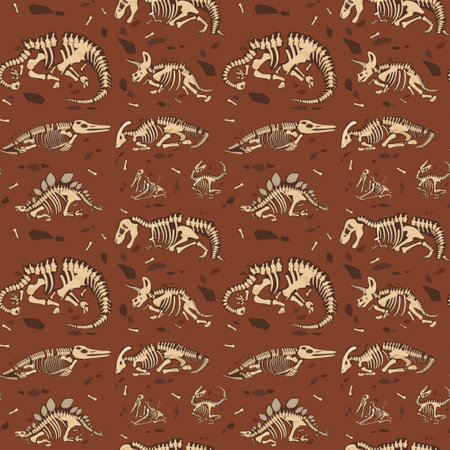 Dinosaur skeleton fossil seamless pattern vector flat illustration. Prehistoric predator animalsのイラスト素材