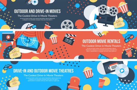 Drive in movie theater set horizontal background vector illustration. Film festival announcementのイラスト素材