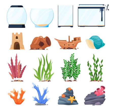 Cartoon squared and spherical equipment for aquarium set vector flat antique decor plants, stonesのイラスト素材