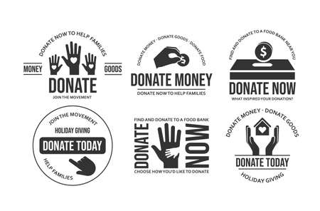 Donate label monochrome set vector flat illustration. Collection of donation and giving moneyのイラスト素材