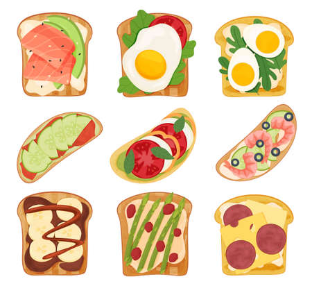 Collection sandwiches with ingredients top view vector flat illustration. Set toasts bread breakfastのイラスト素材
