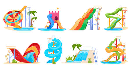Water slides set vector flat cartoon illustration. Collection aquapark active extreme entertainmentのイラスト素材