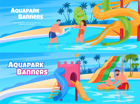 Aquapark banner set vector flat illustration. Water entertainment swimming pool and slidesのイラスト素材