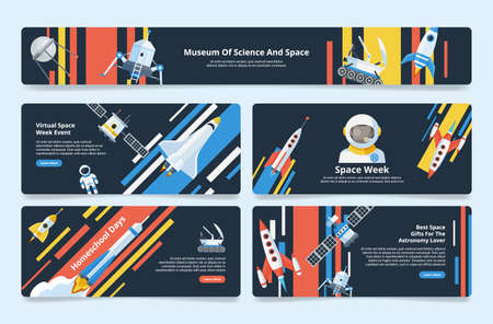 Space week announcement horizontal landing page set place for text vector flat illustrationのイラスト素材