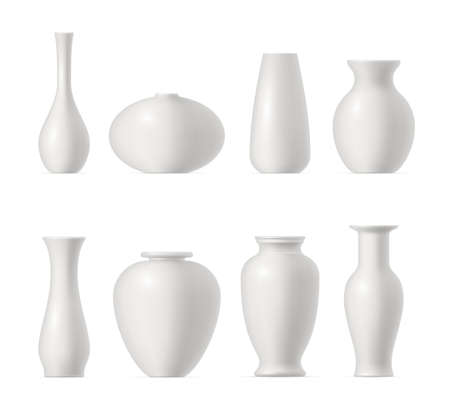Realistic ceramic vases set vector floor bowls modern and retro style decorative interior designのイラスト素材