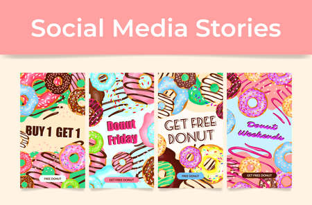 Donut weekend deals social media stories vertical landing page set vector flat illustrationのイラスト素材