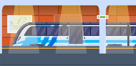 Modern empty metro station interior design vector flat cartoon illustration. Subway train platformのイラスト素材