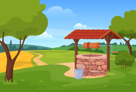 Old water well summer countryside landscape vector cartoon illustration. Brick structure in groundのイラスト素材