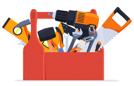 Wooden toolbox full of repair or construction instrument vector flat cartoon illustrationのイラスト素材