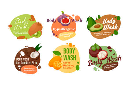 Collection body wash stickers with place for text vector flat set of skin care cosmetics labelのイラスト素材
