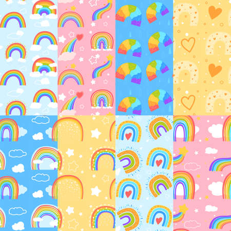 Cartoon rainbow childish hand drawn seamless pattern set vector illustration. Cute doodle decorationのイラスト素材