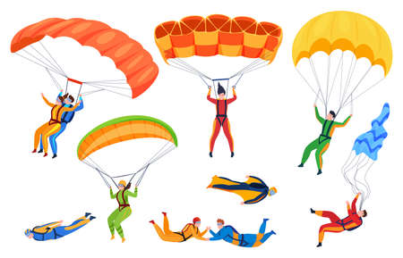 Man and woman parachutists set vector flat illustration. Parachute skydivers jumping, flyingのイラスト素材