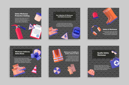Quality safety workwear squared textured poster set vector protective industrial clothingのイラスト素材