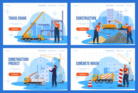 Construction machinery landing page collection vector flat illustration house building developmentのイラスト素材