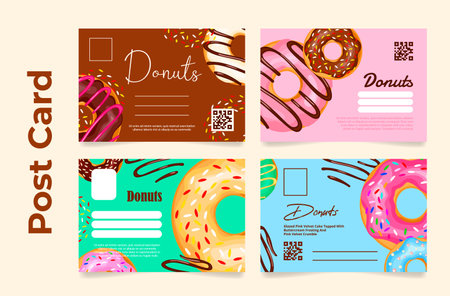 Donuts postcard set place for text vector flat illustration. Glazed doughnut decorative design cardのイラスト素材
