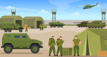 Military base war transportation and soldiers vector flat illustration warriors in green uniformのイラスト素材