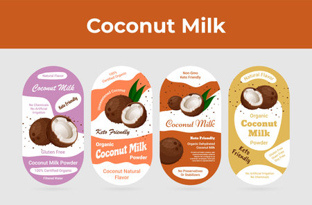 Coconut milk oval label set with place for text vector flat illustration vegetarian drink emblemのイラスト素材