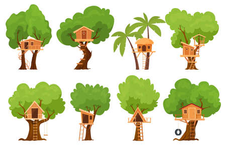 Green tree houses set vector flat illustration. Collection childish rural hut on woods trunksのイラスト素材