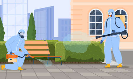 Street disinfection spraying poison from pests vector flat illustration sanitizing and disinfectantのイラスト素材
